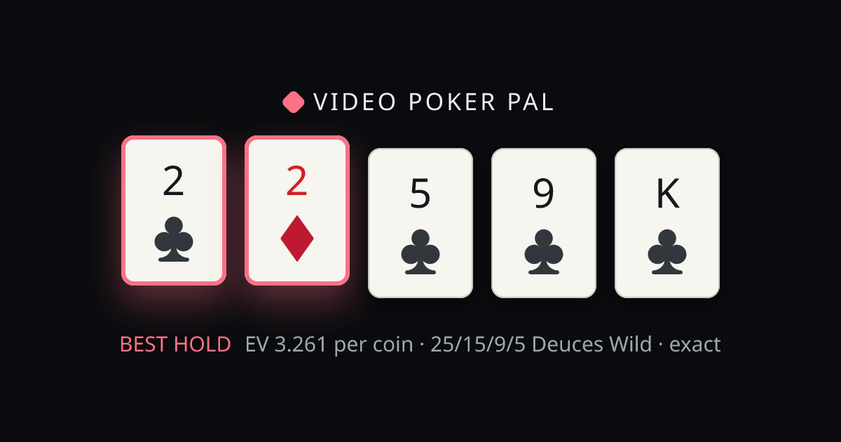 2♣ 2♦ 5♣ 9♣ K♣ solved on 25/15/9/5 Deuces Wild — the best hold highlighted with its exact EV