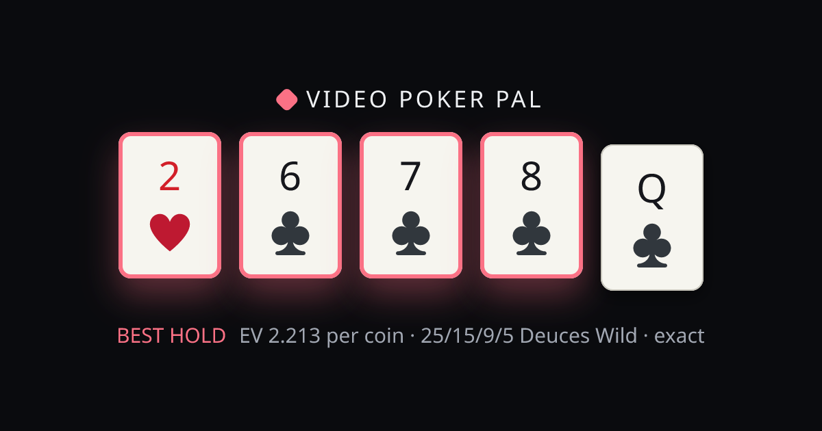 2♥ 6♣ 7♣ 8♣ Q♣ solved on 25/15/9/5 Deuces Wild — the best hold highlighted with its exact EV