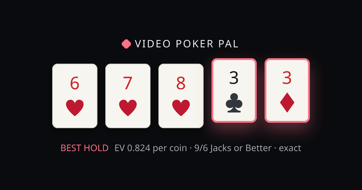 6♥ 7♥ 8♥ 3♣ 3♦ solved on 9/6 Jacks or Better — the best hold highlighted with its exact EV
