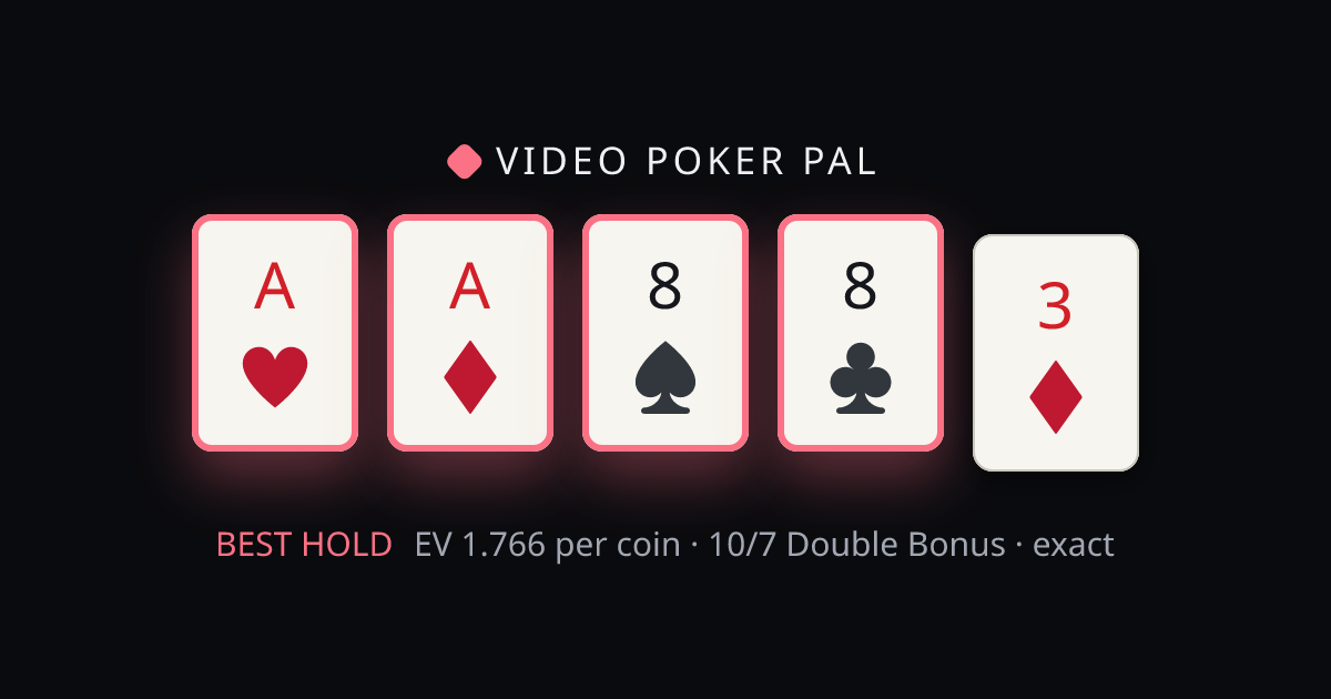 A♥ A♦ 8♠ 8♣ 3♦ solved on 10/7 Double Bonus — the best hold highlighted with its exact EV