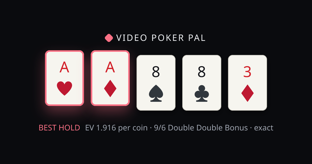A♥ A♦ 8♠ 8♣ 3♦ solved on 9/6 Double Double Bonus — only the pair of aces is held, breaking two pair