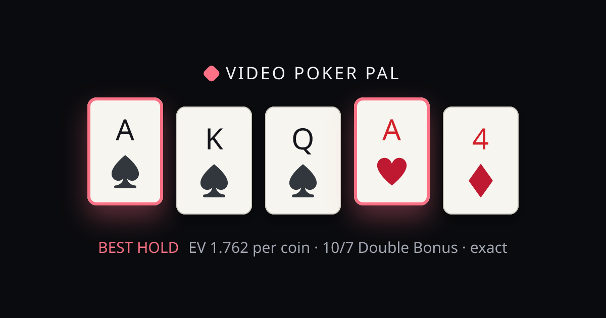 A♠ K♠ Q♠ A♥ 4♦ solved on 10/7 Double Bonus — the best hold highlighted with its exact EV