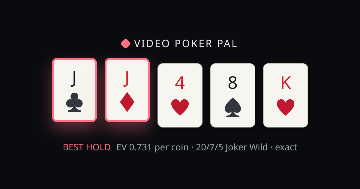 J♣ J♦ 4♥ 8♠ K♥ solved on 20/7/5 Joker Wild — the best hold highlighted with its exact EV