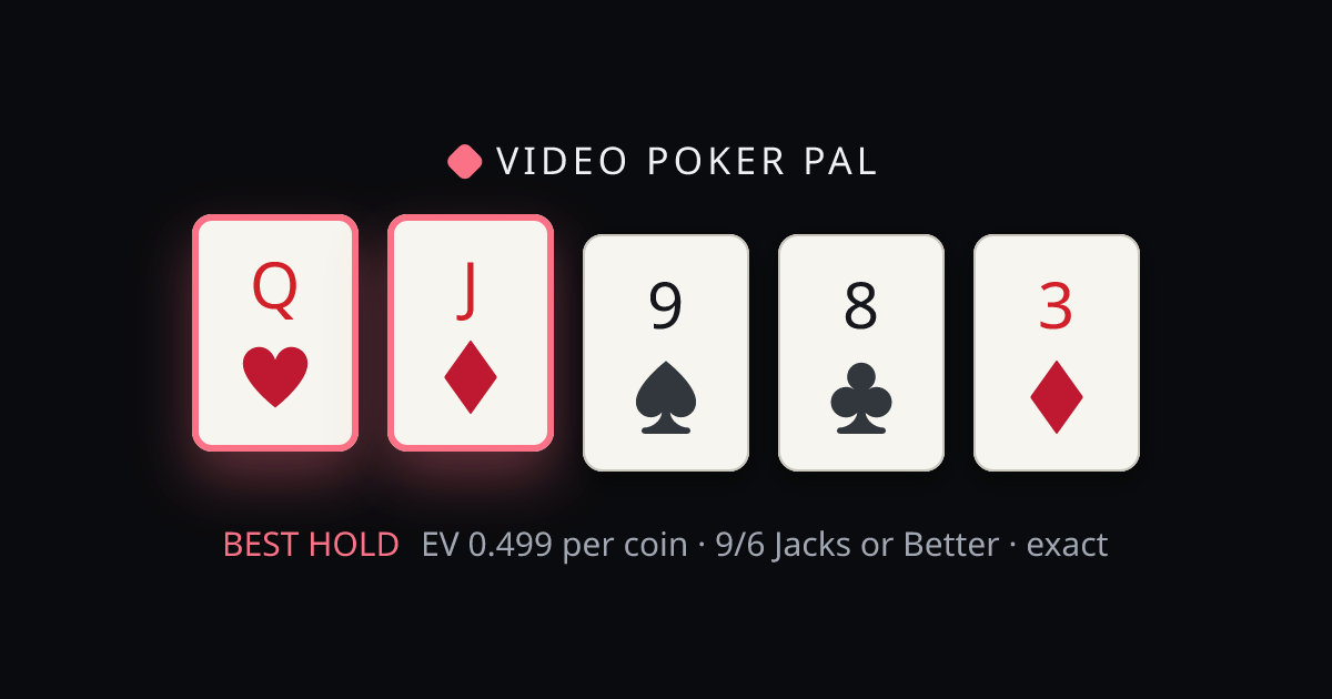 Q♥ J♦ 9♠ 8♣ 3♦ solved on 9/6 Jacks or Better — the best hold highlighted with its exact EV