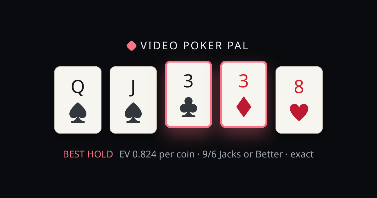 Q♠ J♠ 3♣ 3♦ 8♥ solved on 9/6 Jacks or Better — the best hold highlighted with its exact EV