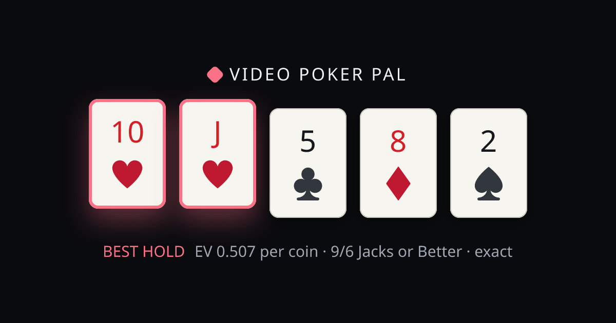 10♥ J♥ 5♣ 8♦ 2♠ solved on 9/6 Jacks or Better — the best hold highlighted with its exact EV