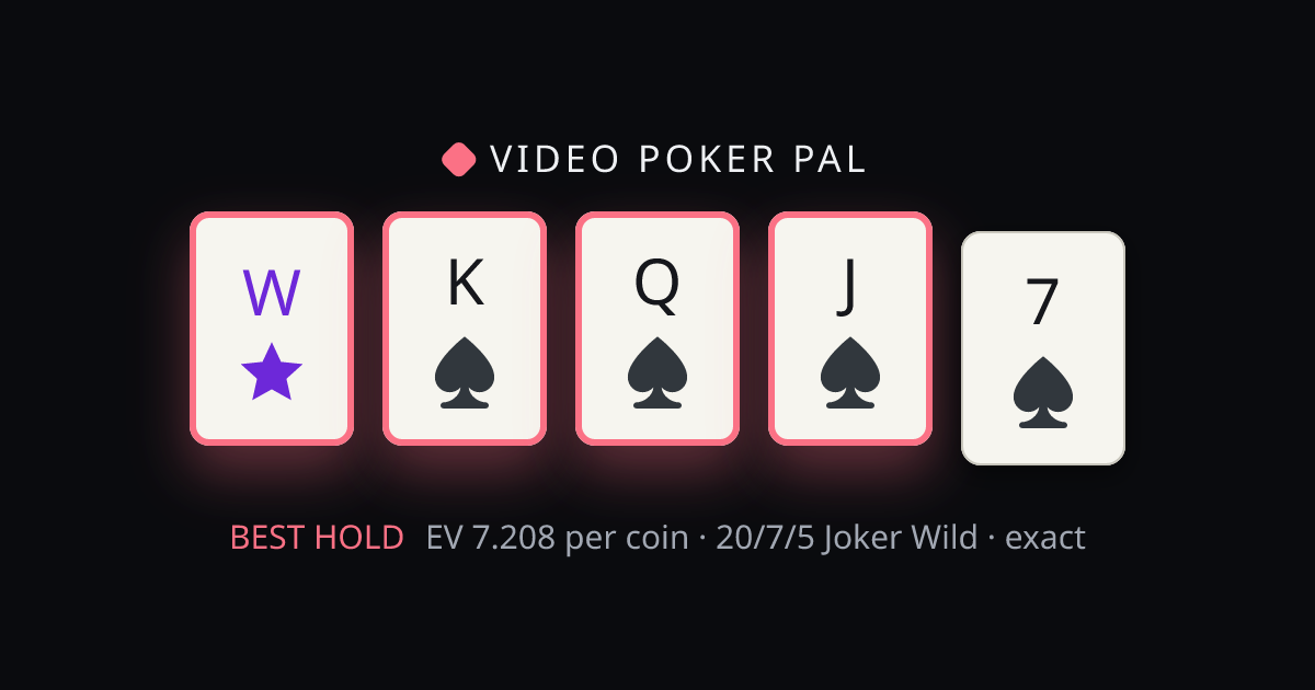 Joker K♠ Q♠ J♠ 7♠ solved on 20/7/5 Joker Wild — the best hold highlighted with its exact EV