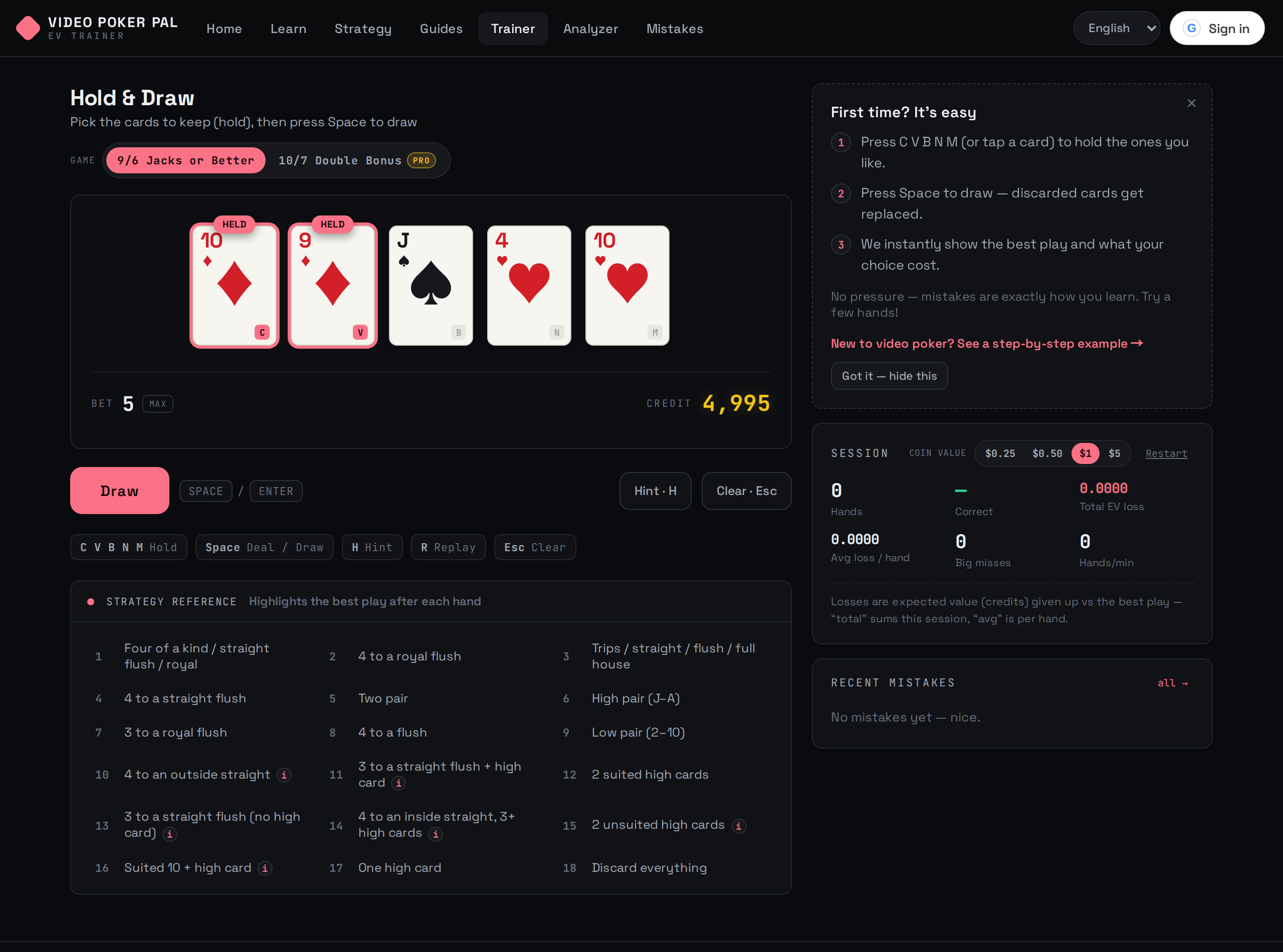 A video poker hand mid-decision — two cards held before the draw, in the free Video Poker Pal trainer